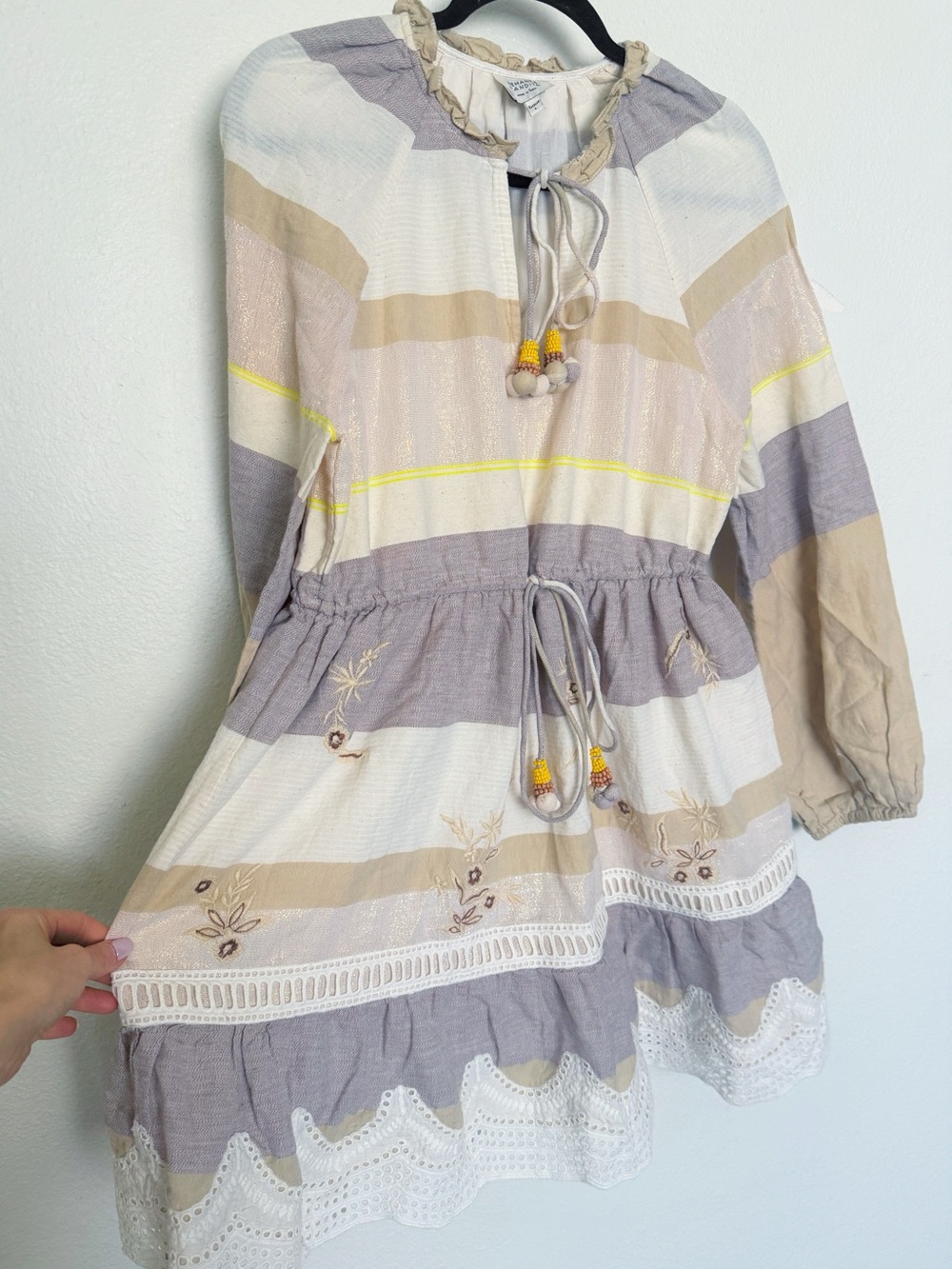 Hemant & Nandita Mana Embroidered Cotton Metallic Stripe Boho Mini Dress L